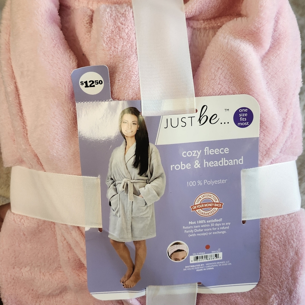 Pink plush Spa Length Robe W/ Headband. - Picture 2 of 2